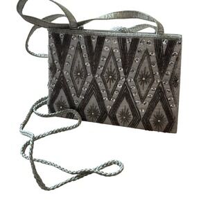 Silver Metallic Beaded Geometric Evening Clutch Crossbody Bag Formal Wedding